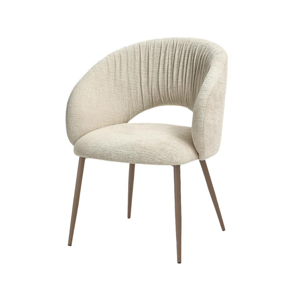 Beige upholstered chair with wooden legs on a white background
