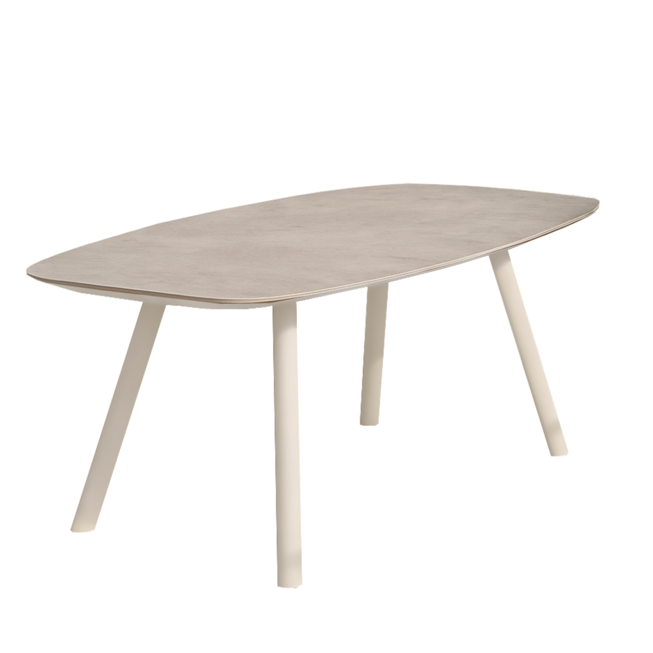 Beige oval table with four legs on a white background