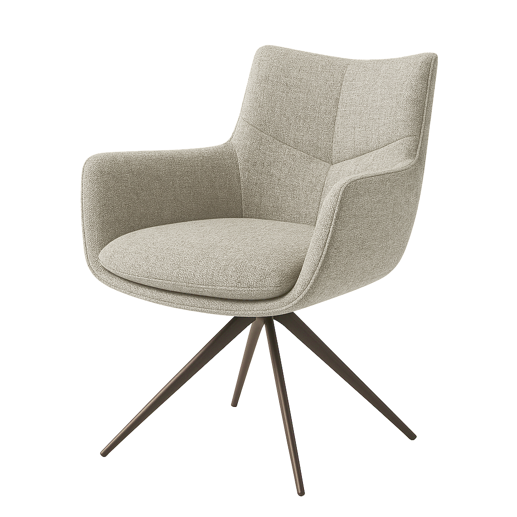 Gray upholstered chair with wooden legs on a white background