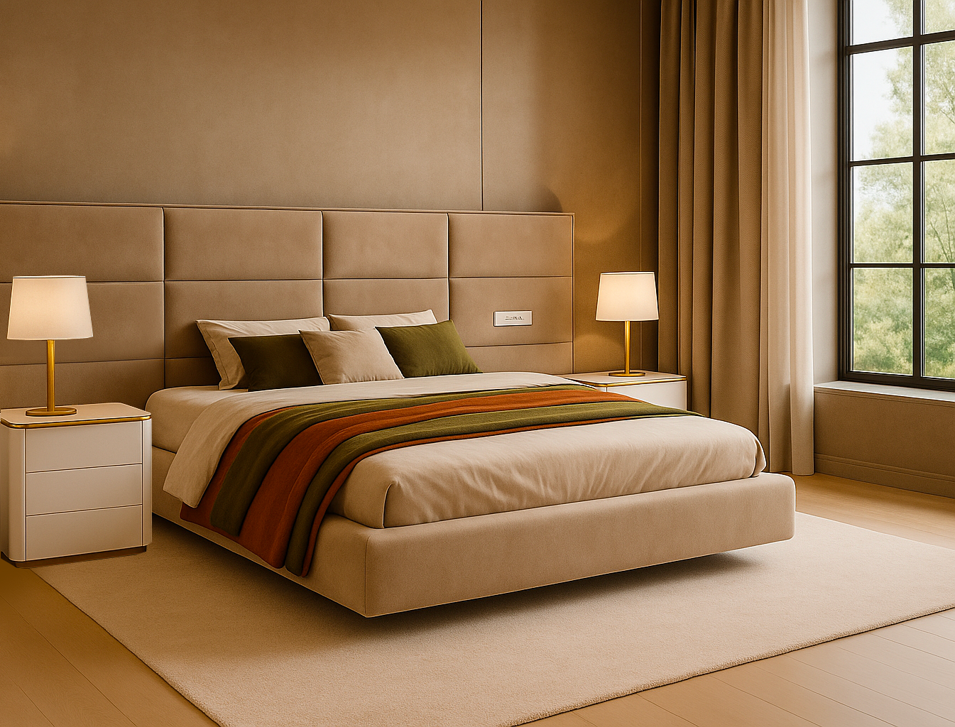 Beige bedroom with a large bed, side tables, and lamps.