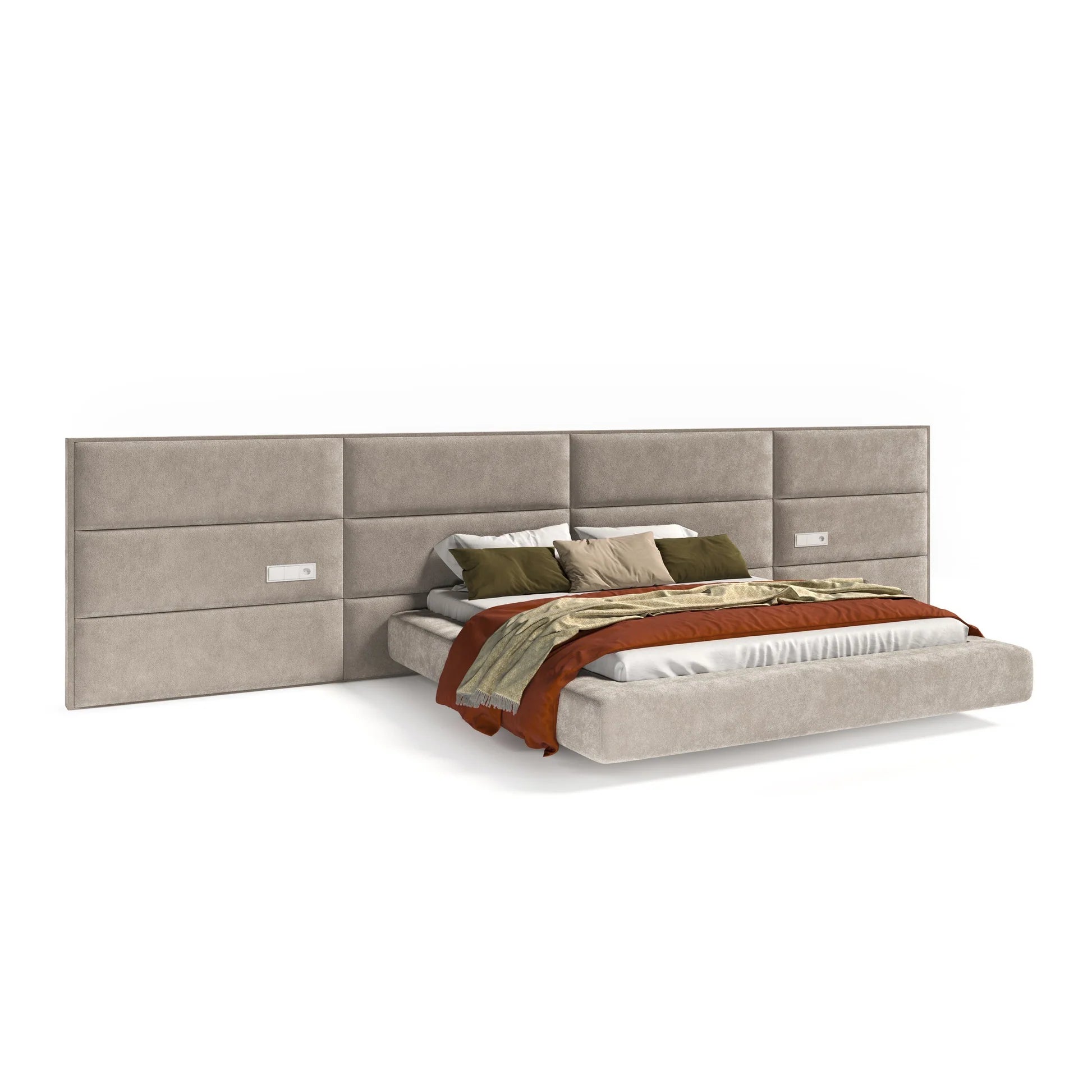 Beige upholstered bed with a large headboard on a white background