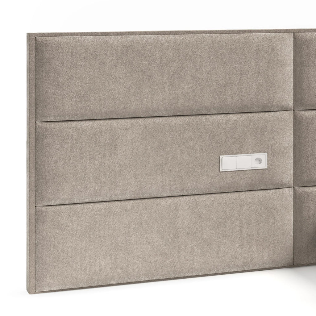Gray textured headboard with a silver handle on a white background