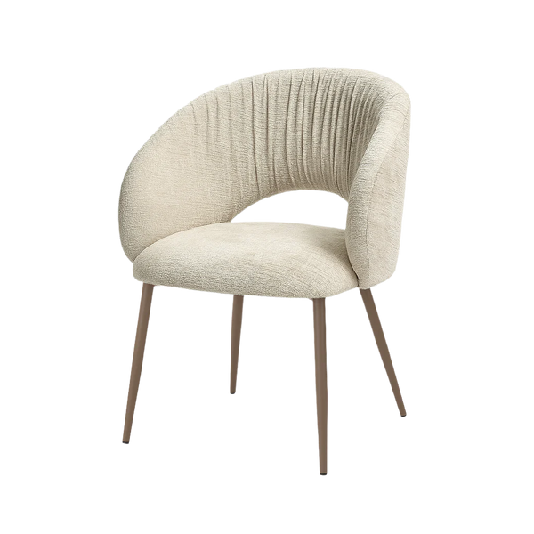 Beige upholstered chair with wooden legs on a white background
