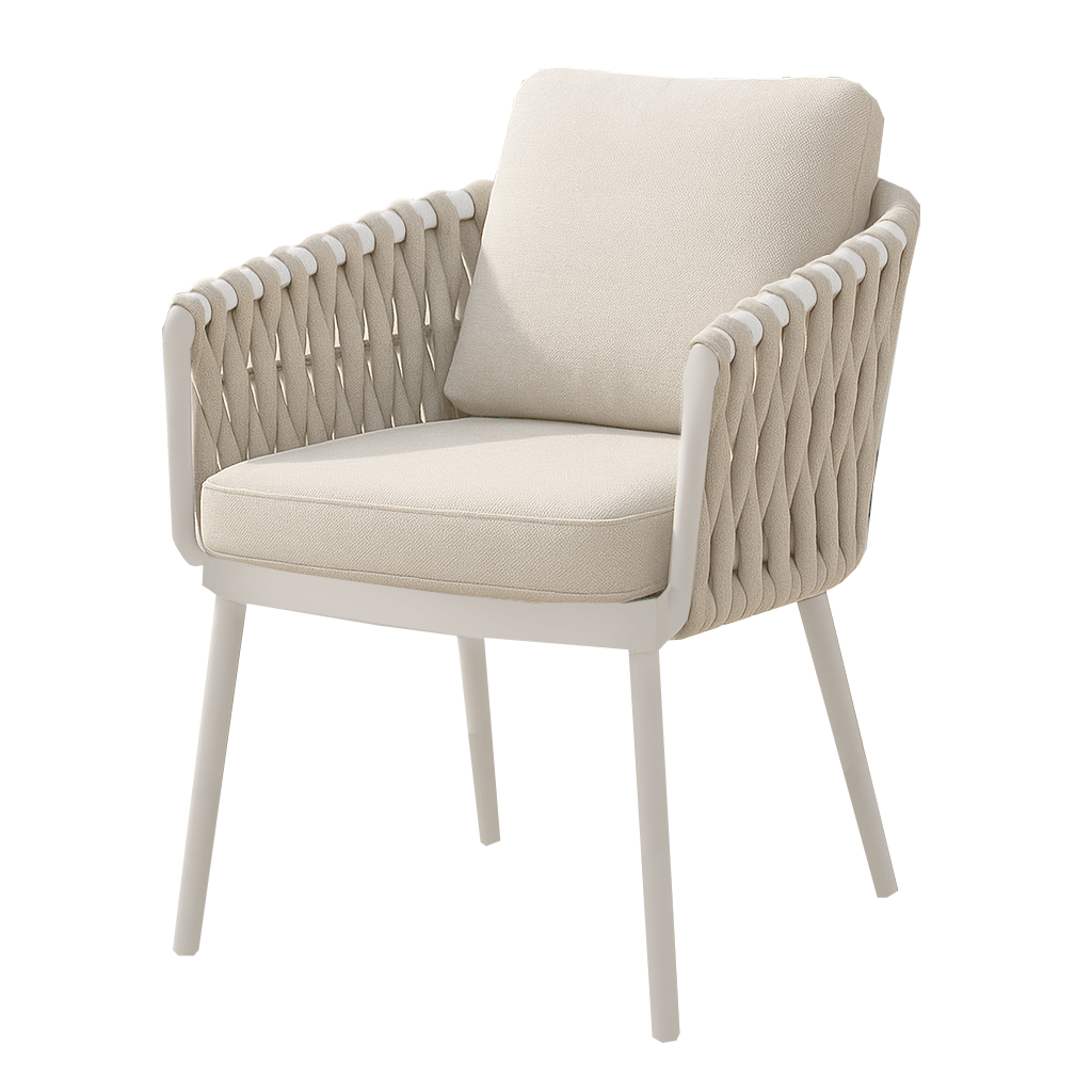 Beige armchair with woven backrest and white legs on a white background