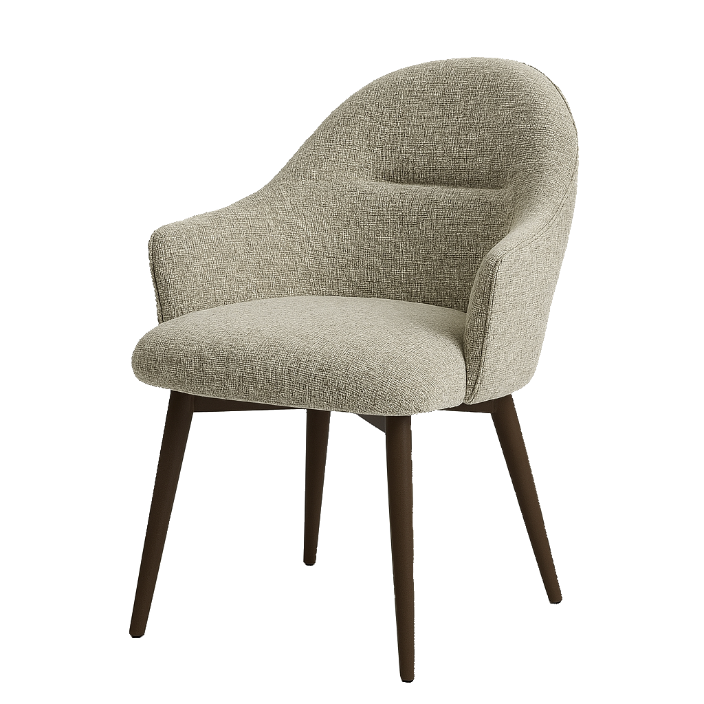 Gray upholstered chair with wooden legs on a white background