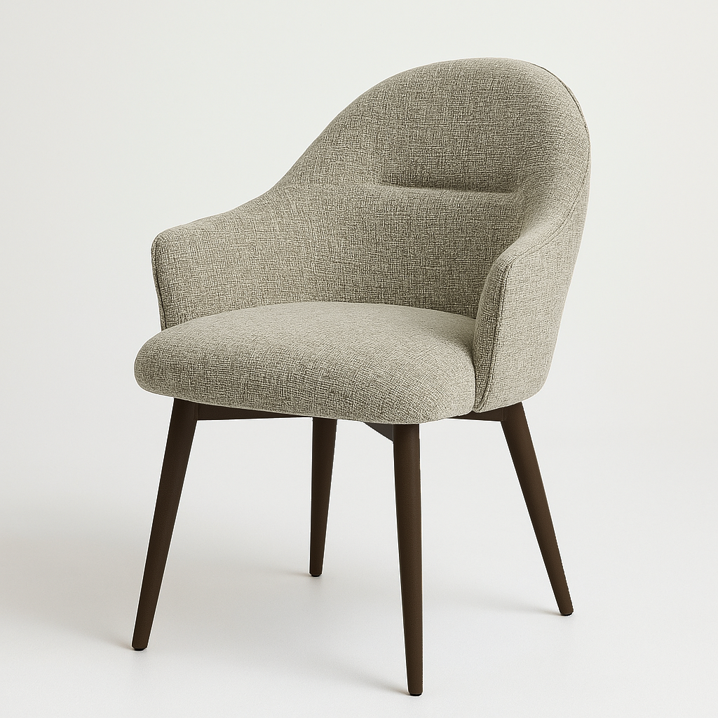 Gray upholstered chair with wooden legs on a white background