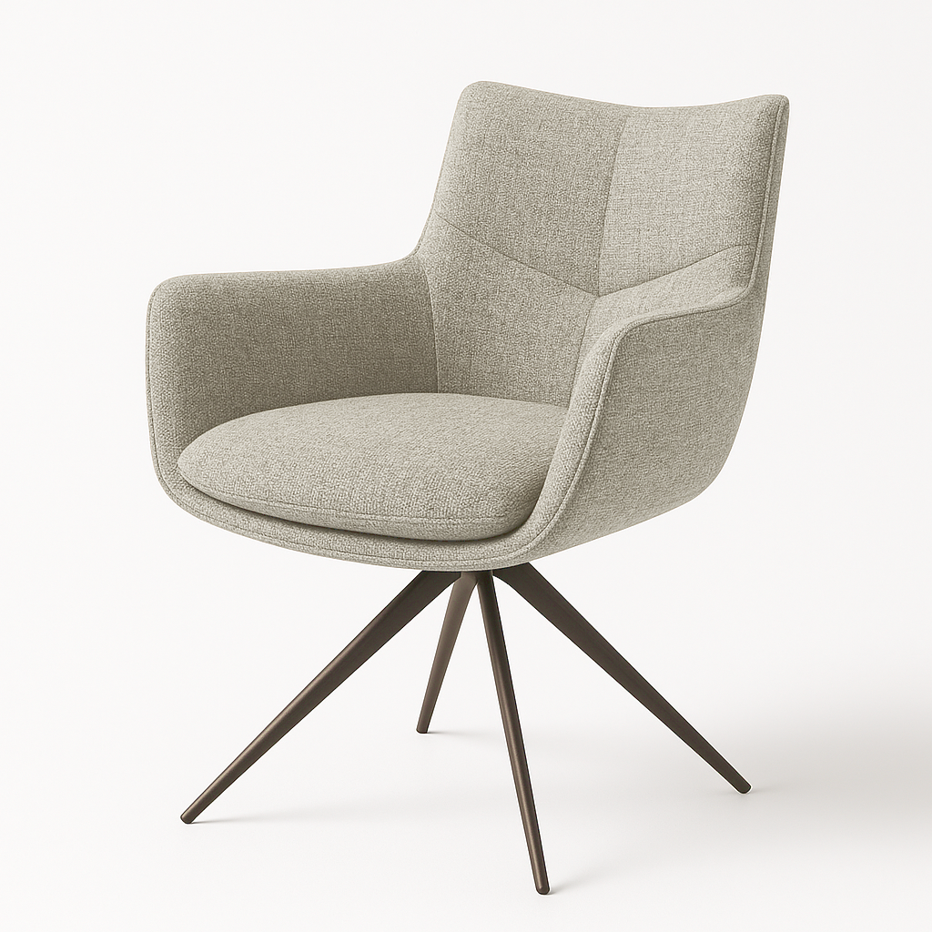 Gray upholstered chair with wooden legs on a white background