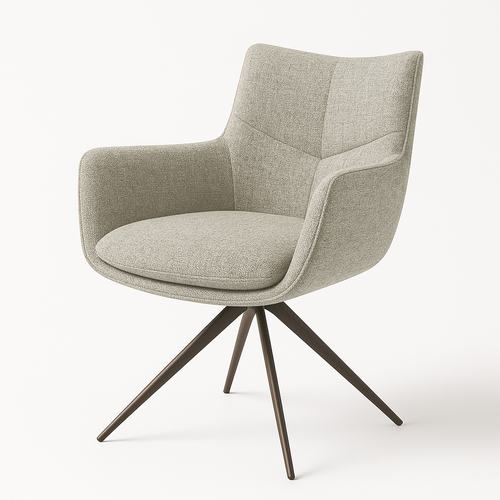 Gray upholstered chair with wooden legs on a white background
