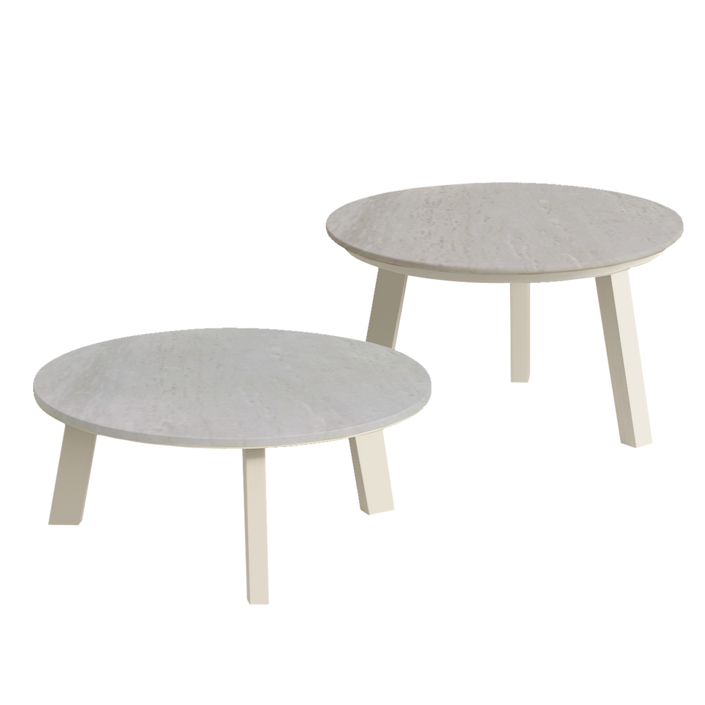 Two round coffee tables with marble-like tops and wooden legs on a white background