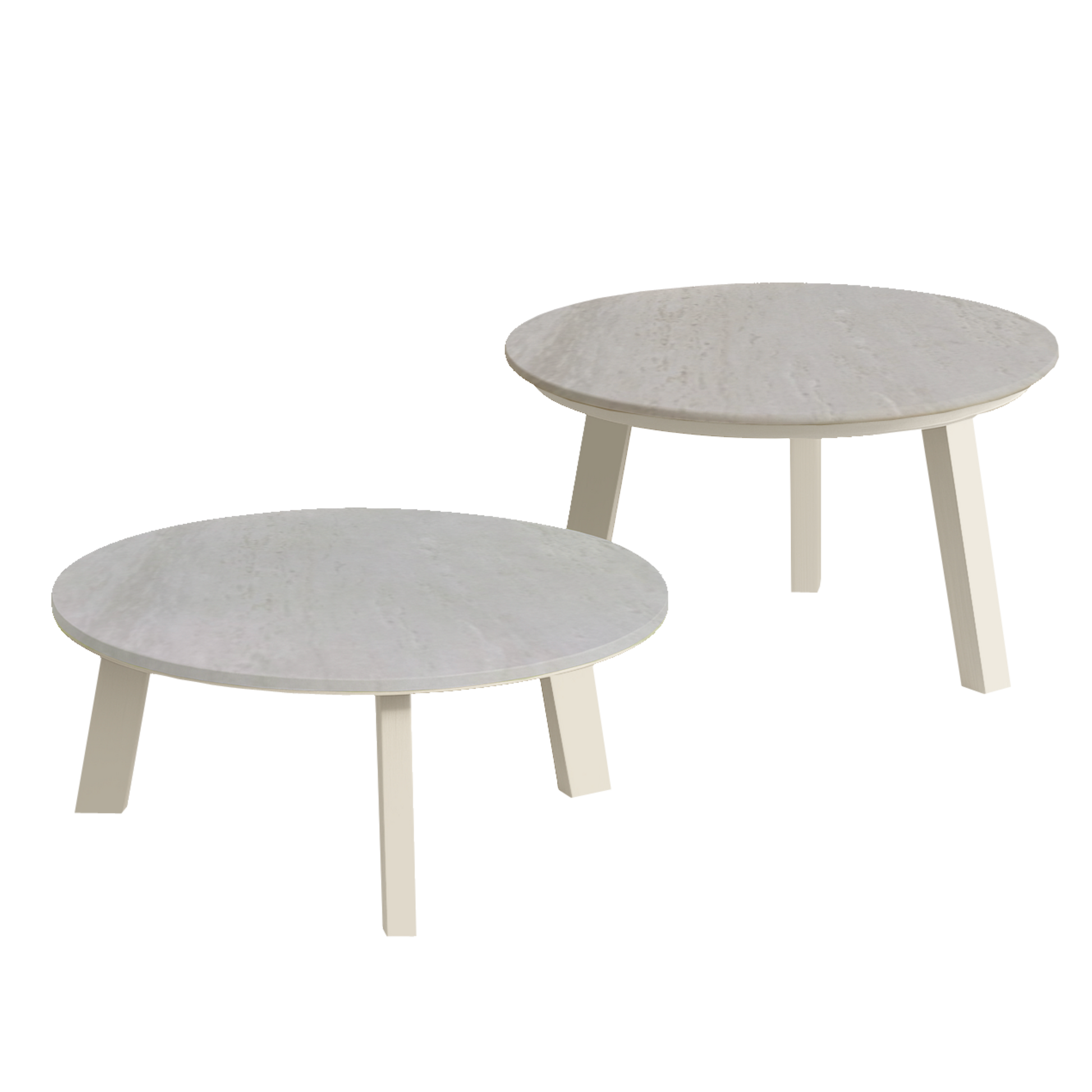 Two round coffee tables with marble-like tops and wooden legs on a white background