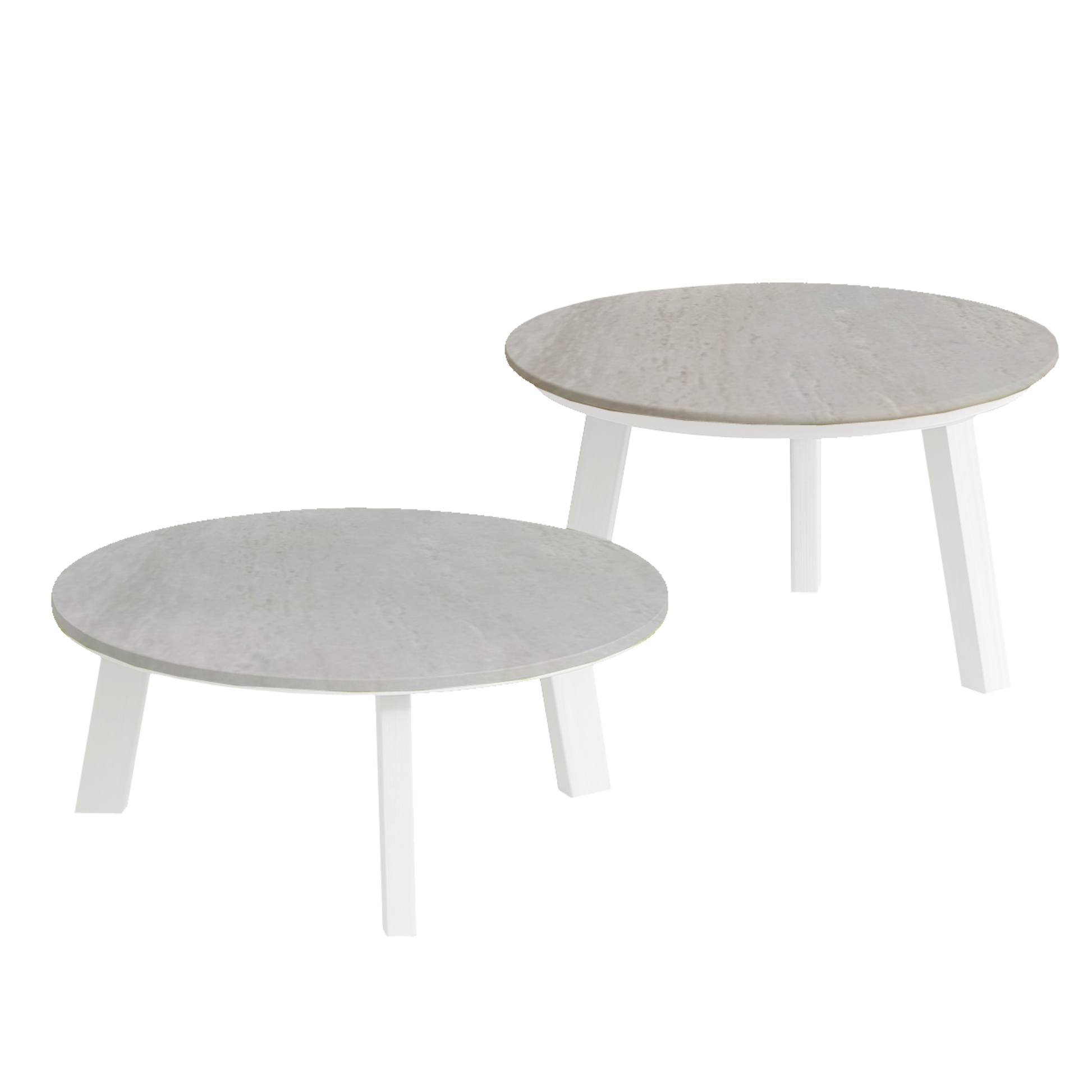 Two round coffee tables with a light gray top and white legs on a white background