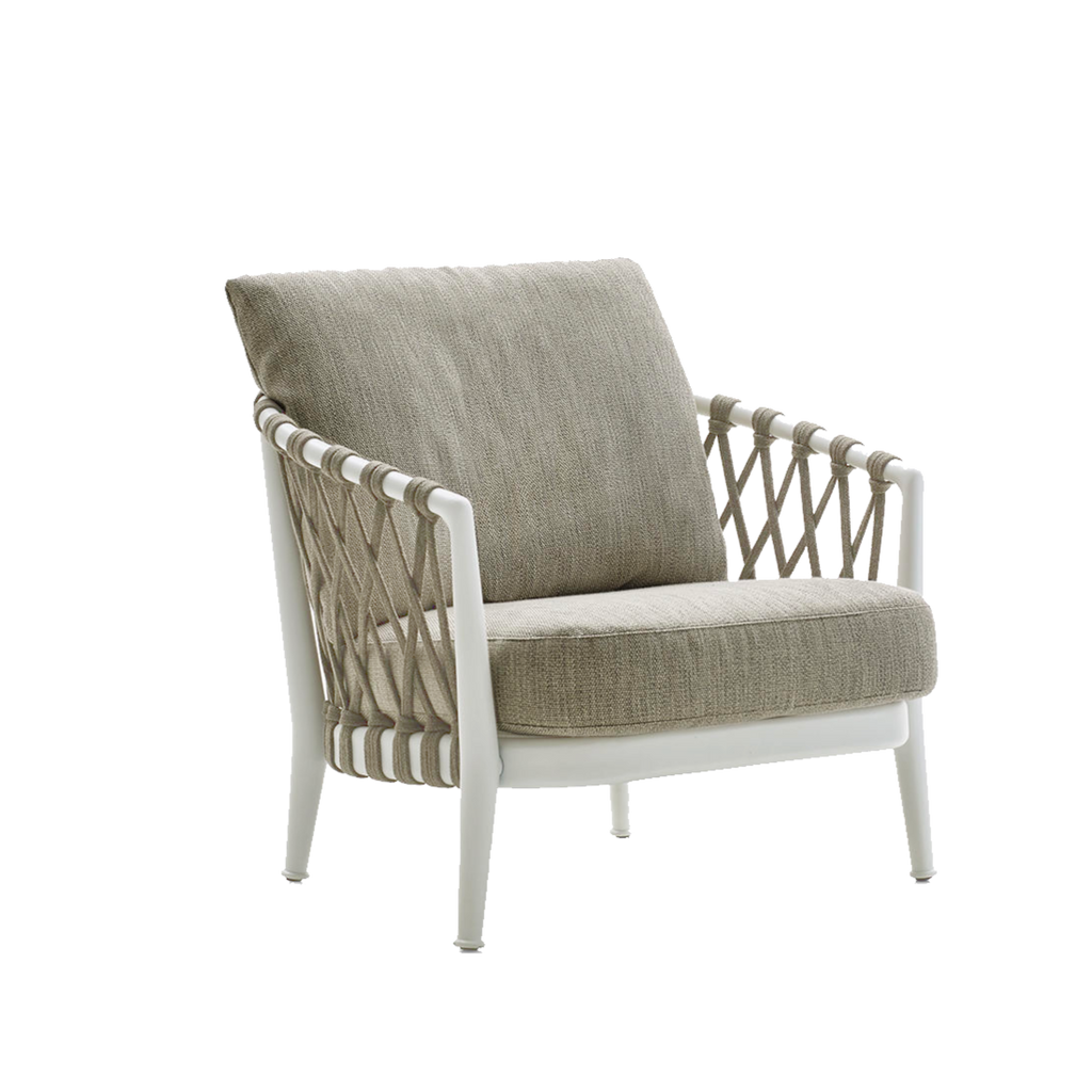 Chair with woven armrests and cushioned seat on a white background