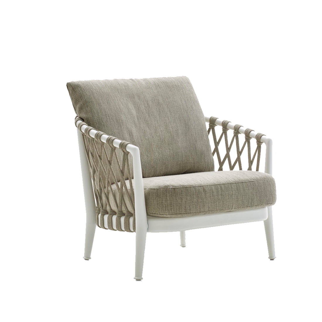 Chair with woven armrests and cushioned seat on a white background