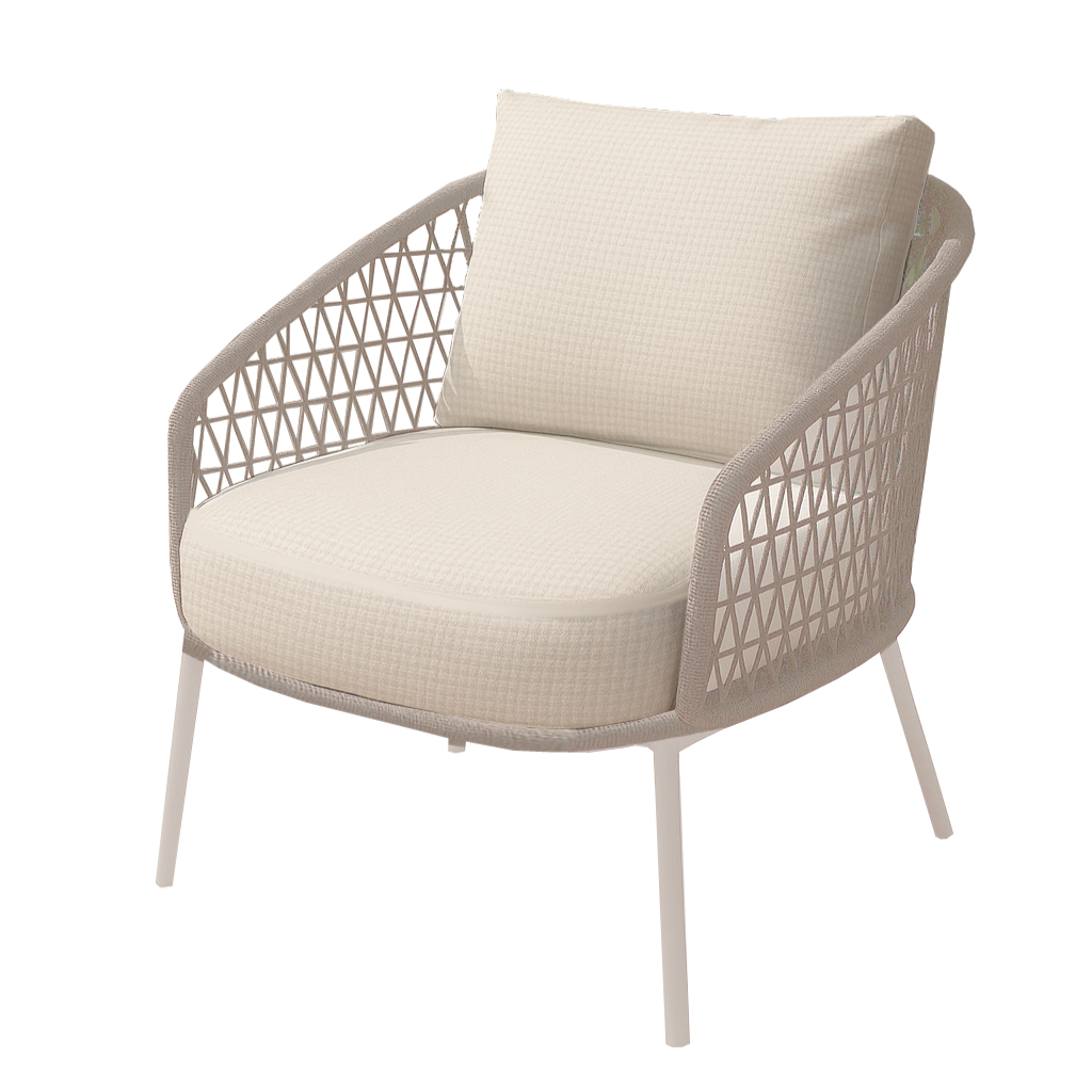 Modern armchair with woven backrest and beige cushion on a white background