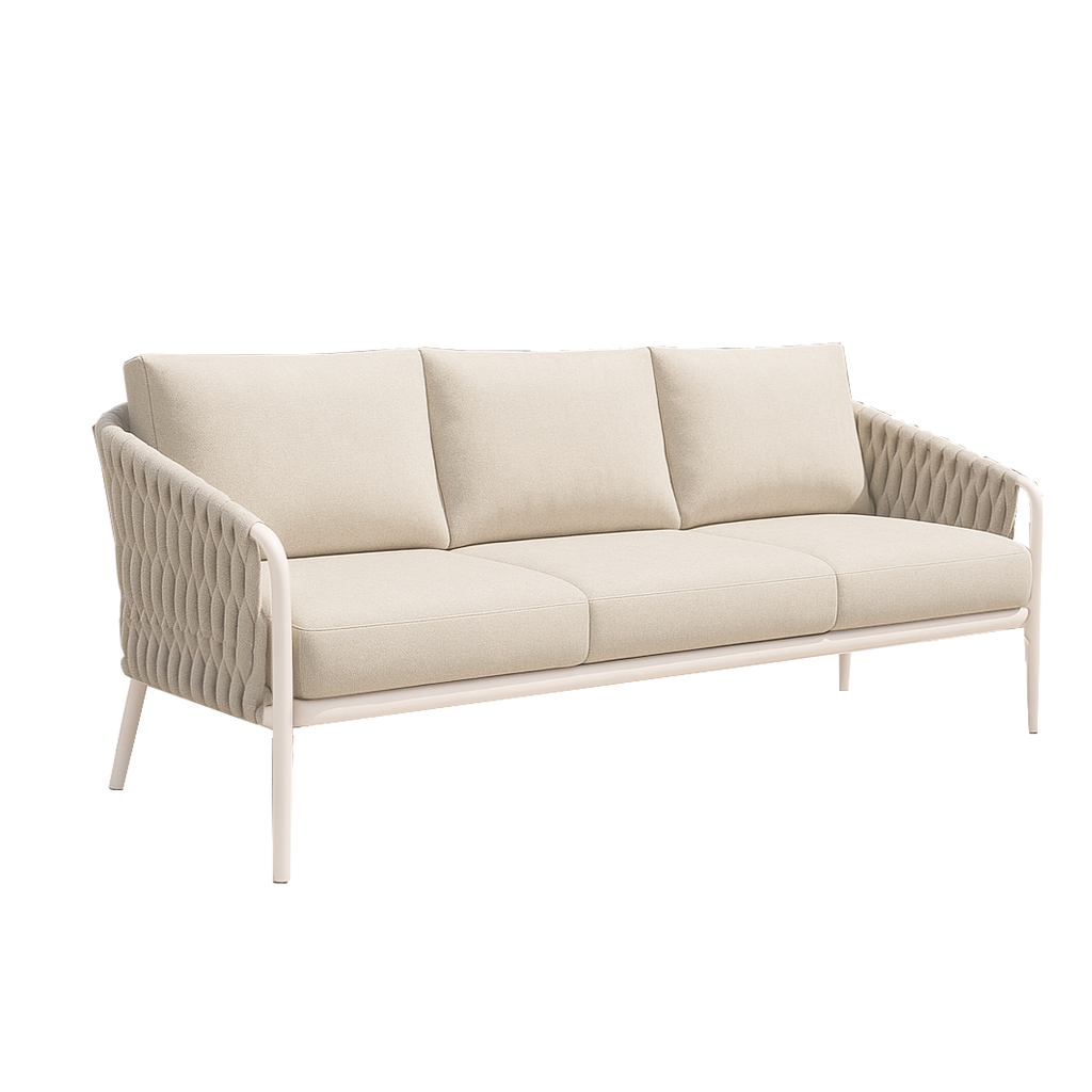 Beige sofa with metal frame on a white background
