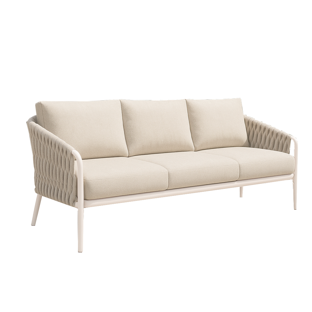 Beige sofa with metal frame on a white background
